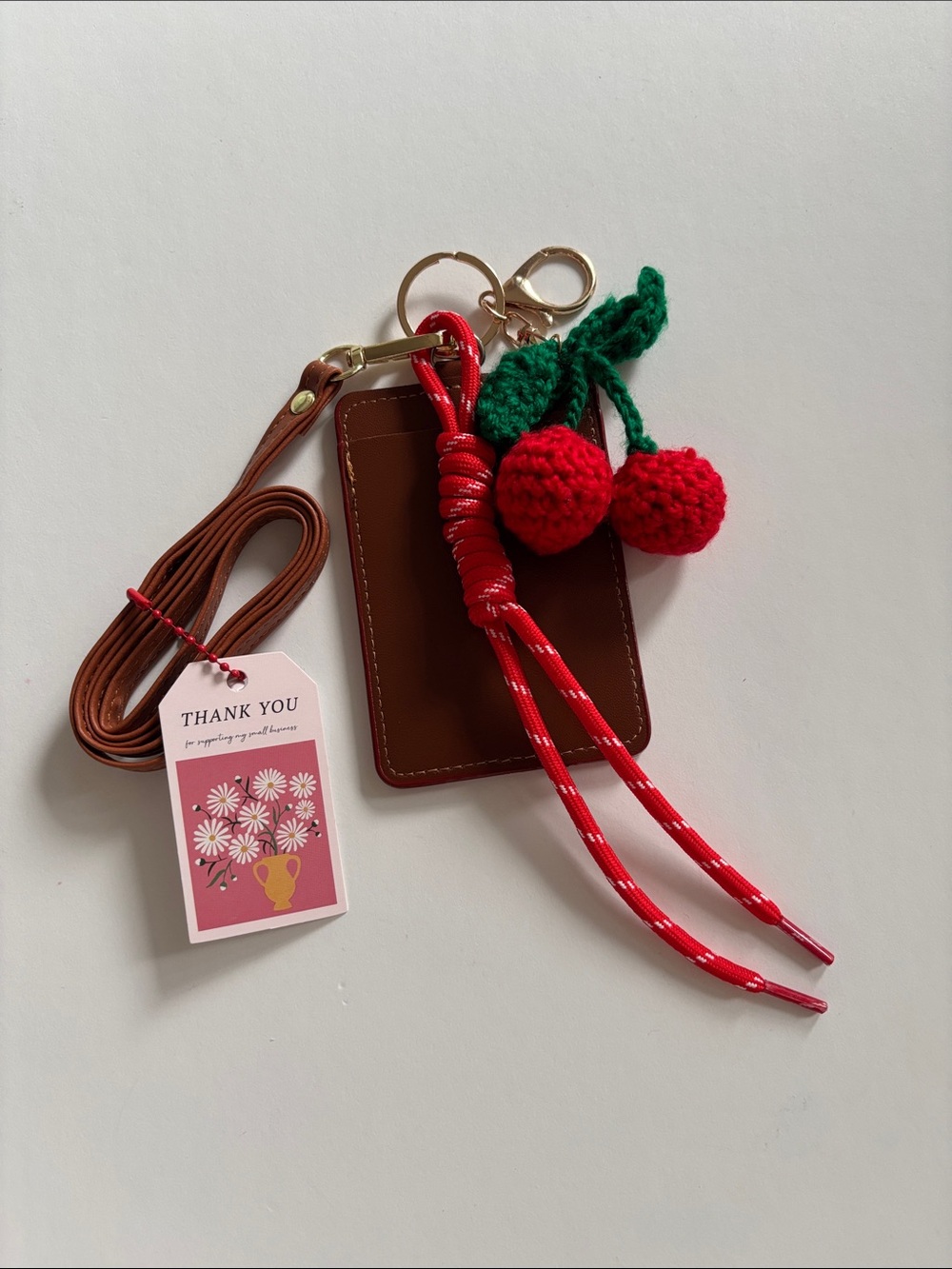 🍒 Cardholder Lanyard with Red Cherry Charm and Strap